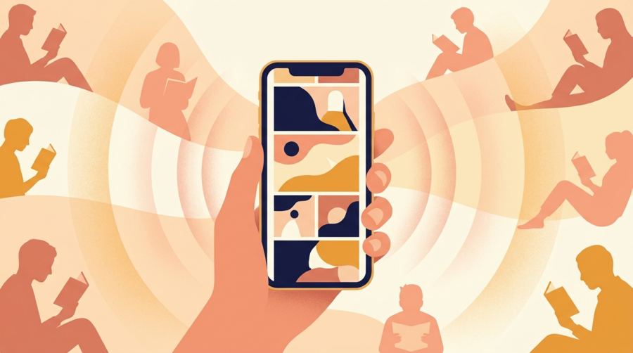 スマートフォンで縦読み漫画が読まれ、多くの読者に届いているイメージ