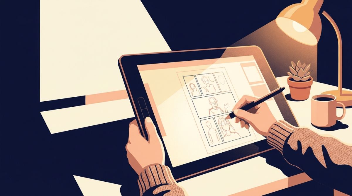 ペンタブレットで縦読み漫画のコマを描いているイメージ